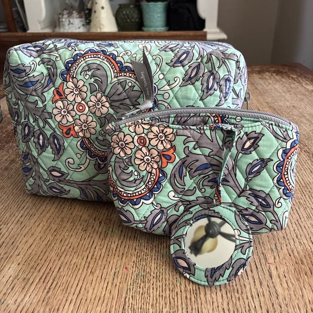 Vera Bradley Cosmetic Bag Set Of 2 FAN FLOWERS Makeup Travel With Mirror Aqua